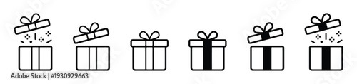 Gift box icons with open and closed presents and sparkles