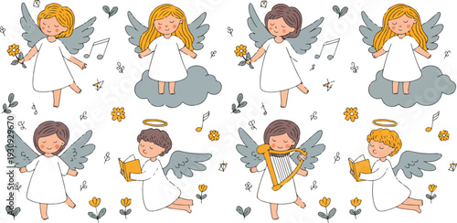 Cute little angel character set with halo wings and flowers for Christmas holiday nursery line art illustration