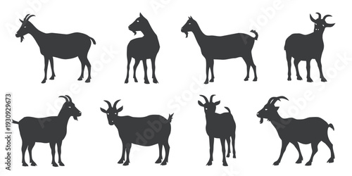 Goat silhouettes set collection different poses standing grazing isolated white background vector