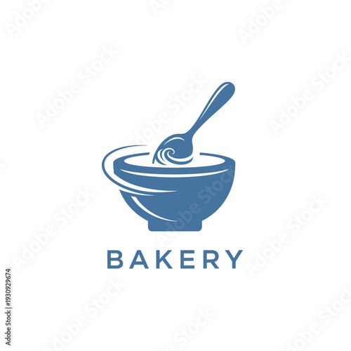 Blue bakery logo with mixing bowl and spoon illustration on transparent pattern