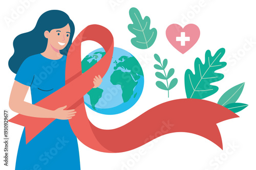 Smiling woman holding red awareness ribbon embraces the globe, symbolizing global health, support, and well-being.