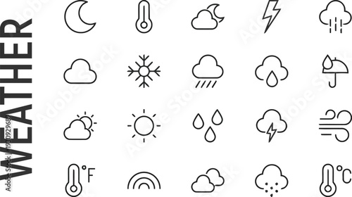 Collection of weather forecast icons and symbols for different atmospheric conditions and weather phenomena