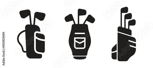 Golf bag silhouettes with clubs from different angles for sports and recreational design