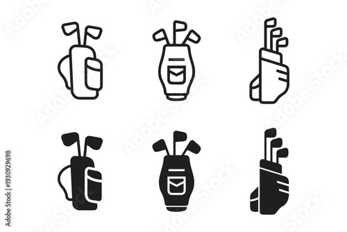 Golf bag icons featuring various designs of sports equipment carriers in outline and solid styles