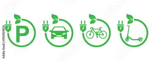 Green electric vehicle charging symbols