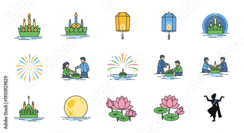 Hand-drawn collection of Loy Krathong festival elements and traditional symbols.