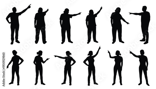 Group of black silhouette people pointing in different directions with index fingers