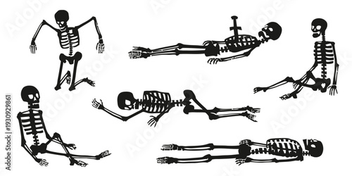 Group of black skeleton outlines in different dynamic poses for halloween