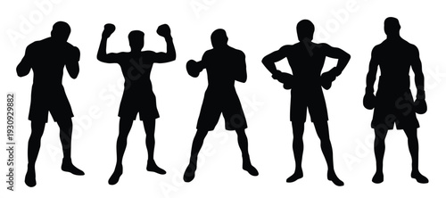 Group of male boxers in silhouette, displaying different fighting stances and poses