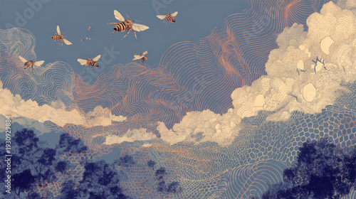 Ornamental Honey Bee Flight Over Stylized Mountain Landscape with Flowing Contour Sky in Art Nouveau Vector Poster Design