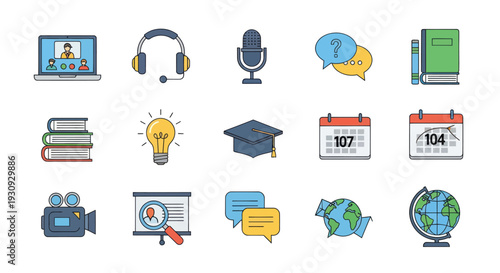 Colorful online education communication and business flat icons set.