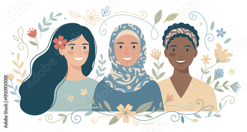 Three diverse women smiling together, surrounded by beautiful flowers and leaves, symbolizing global unity and empowerment.
