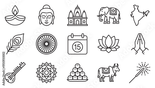 Indian cultural religious festival traditional symbols icons set featuring various elements of heritage and celebration.
