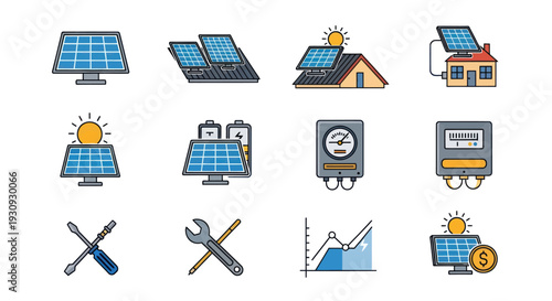 Collection of solar energy and electricity icons.