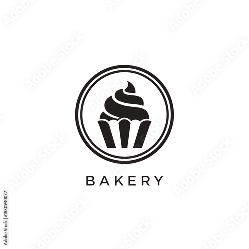 Bakery logo design with cupcake icon and circular frame on transparent background