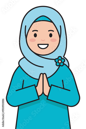 Muslim woman wearing hijab smiles happily while making a traditional greeting gesture with her hands pressed together.