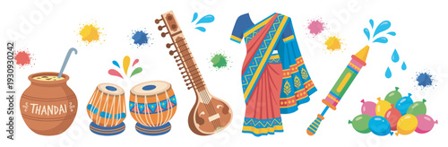 Holi festival elements showcase traditional drinks, musical instruments, vibrant attire, and playful water fun.