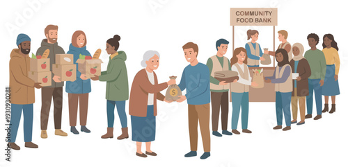 Diverse people helping at community food bank, providing essential donations and support to families and individuals in need.