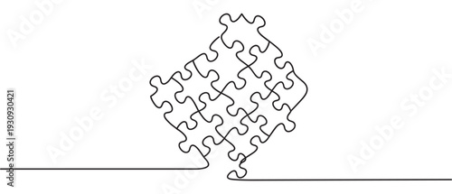 Continuous line drawing of interconnected puzzle pieces forming a complex system that symbolizes problem-solving and collaboration.
