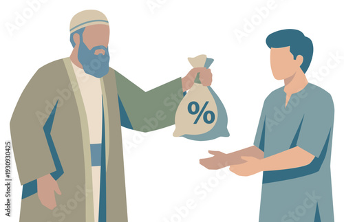 Older man offers money bag with percentage symbol to a younger man, depicting a financial transaction or loan.