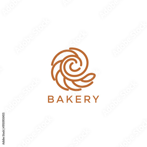 Spiral croissant line art logo for bakery with orange strokes and modern font