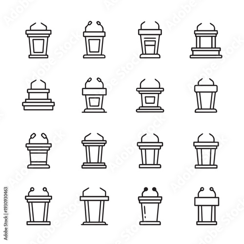 Podium Icons Set Speech Stand Collection Public Speaking Equipment Line Art Presentation Furniture Business Meeting Graphic