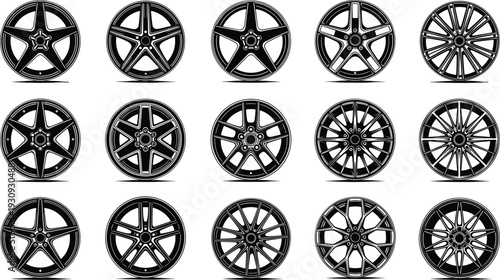 Set of silhouette car wheel rim icons featuring various alloy spoke designs for automotive parts catalogs tire shop branding and design,