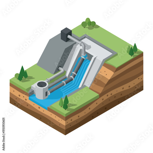 3D illustration of a hydroelectric power plant with water flowing through turbines.