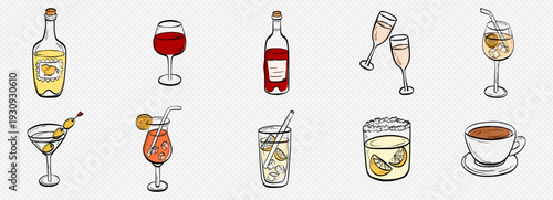 Cocktail doodle party with drink glass alcohol and set margarita sketch. Bar cup wine with hand vector illustration and menu vintage paloma. Juice beverage cocktail with line icon drink