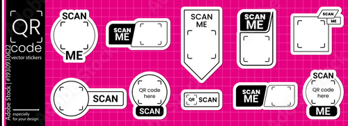 Scan qr code me icon with frame and sticker for logo or arrow design. Phone payment shape and vector qrcode through cta, app, website set, plus mobile barcode tag by scanner box