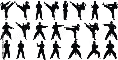 Set of silhouette martial arts icons including male and female fighters performing karate kicks and punches for sports and fitness design,