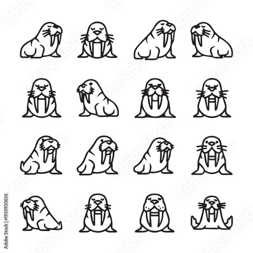 Set of 16 cartoon walrus icons in different poses simple line art isolated on white background
