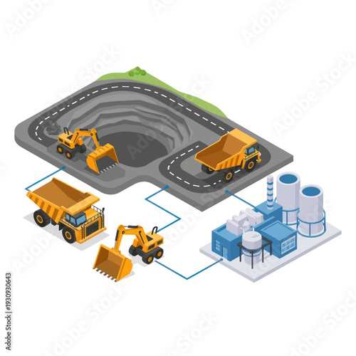 Construction site with heavy machinery and quarry operation.