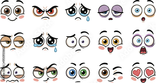 Cute colorful cartoon eyes expressions set with happy sad angry sleepy surprised love emotions isolated vector illustration collection