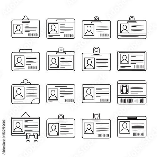 Set of 16 Identification Badges Icons Vector Line Drawings