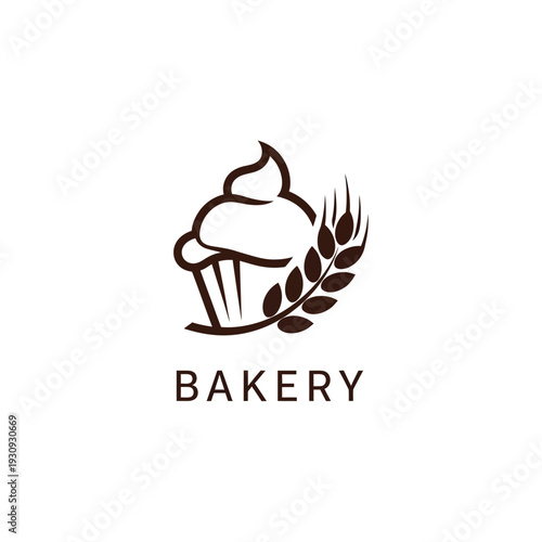 Bakery logo design with a cupcake and a single wheat stalk, natural ingredients symbol