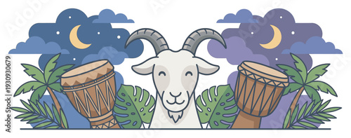 Goat head with drums, palm trees, and tropical leaves depicted in a vibrant cartoon illustration under a starry night sky.