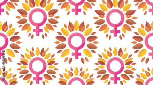 Pink female symbols and vibrant autumn leaves form a beautiful seamless pattern illustration representing empowerment and nature.