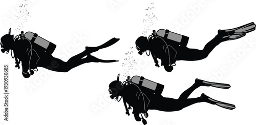 Set of silhouette scuba diver icons featuring underwater swimmers with oxygen tanks and diving gear for marine adventure and design,