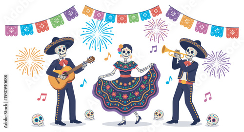 Three skeleton musicians and a dancer celebrate a vibrant festive holiday with traditional music, colorful decorations, and fireworks.