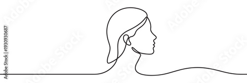 Continuous line drawing woman's profile illustration depicts minimalist art with a fluid and elegant single stroke design.