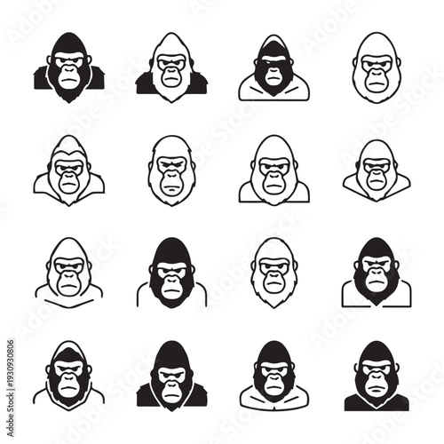 Set of Gorilla Head Icons Minimalist Line Art and Silhouette Styles