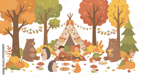 Children and forest animals enjoy a heartwarming autumn gathering with warm drinks and delicious food around a festive teepee in a vibrant forest.