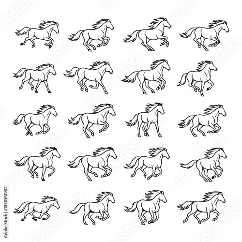 Set of Horse Silhouettes Galloping and Running in Various Poses Clean Line Art