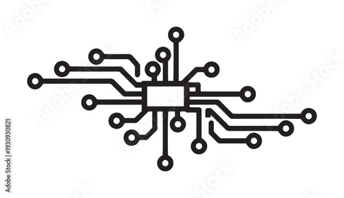 Minimalist vector illustration of a central processor unit with multiple circuit pathways and nodes representing data distribution