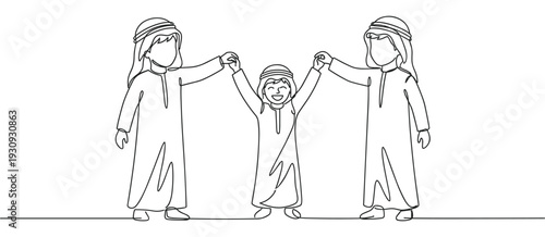 Arab family members happily holding hands with their child, symbolizing unity, joy, and strong familial bonds in a continuous line art style.