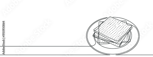 Stack of matzah crackers on a plate depicted in a simple continuous line art drawing style, perfect for minimalist design.