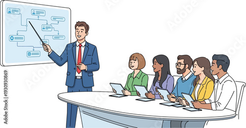 Businessman delivering an important presentation to a diverse team of.
