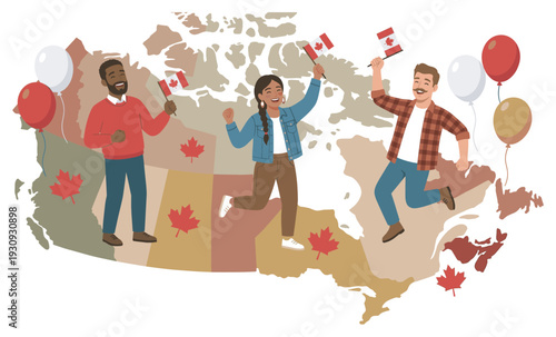 Diverse people happily celebrating the Canadian nation with flags and balloons on a stylized map, symbolizing unity and pride.