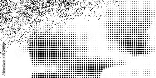 Black particles splash on a white background. Black speck dust scatters below and in the middle of the abstract art background.